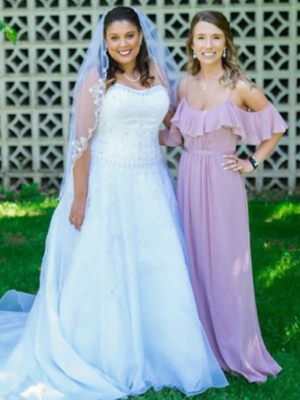 David's Bridal Cold Shoulder Flutter Sleeve Chiffon Long Bridesmaid Dress Pink 0 - Picture 9 of 9
